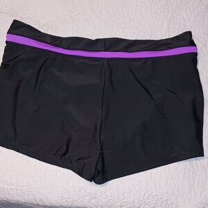 NWOT ZeroXposur Women's Flat Waistband Swim Shorts Black W/Purple Trim XL